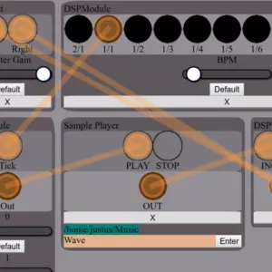 screenshot of an simple patch made in the AW-101 Application. Virtual Cables connect Virtual Audio-Modules like 'SamplePlayer' and 'DSPModule'