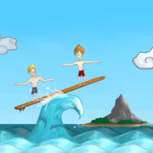 screenshot of the 2 player balancing on the surfboard on the tip of an wave