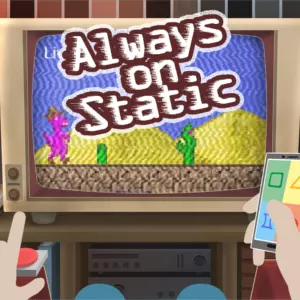a drawing of an televison (showing an game where a pink dinosaur is supposed to jump over cacti) with the hands of the player showing holding an remote and a mobile device showing different symbols.