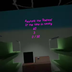 a screenshot of the vr game, showing the food-item dispenser and text that says: 'restock the shelves if the time is running'